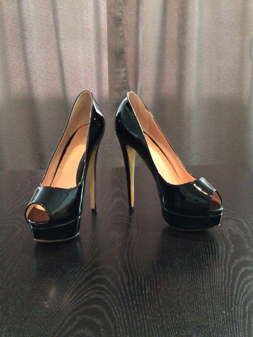 Black Patent Peep-Toe High Heel Pumps